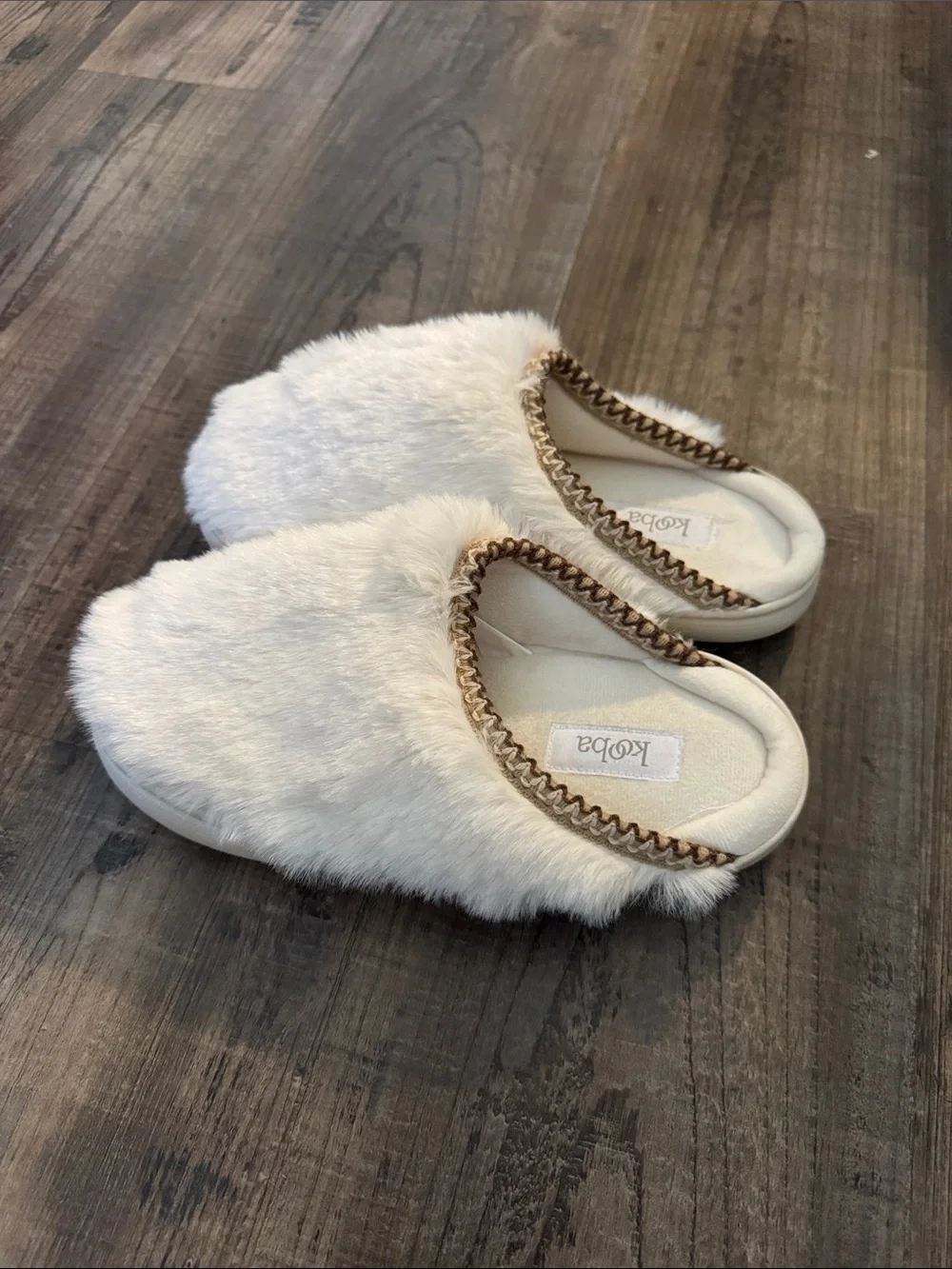 Kooba Cream Faux Fur Kids Slip-On Slippers with Braided Trim